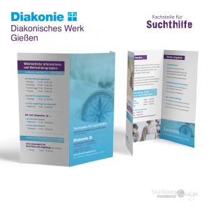 Darstellung eines 6-seitigen Flyers der Fachstelle für Suchthilfe der Diakonie Gießen