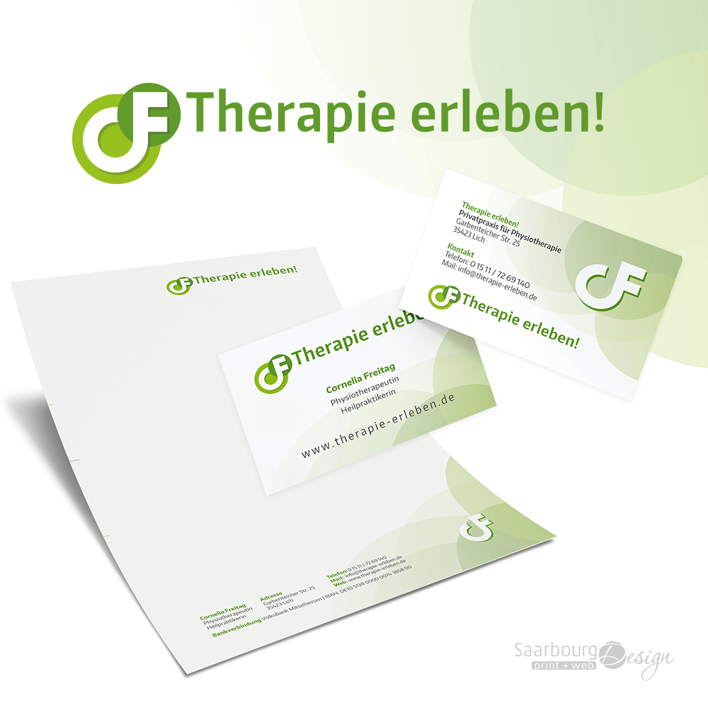 Darstellung von Briefpapier und Visitenkarten der Privatpraxis für Physiotherapie - Therapie erleben!