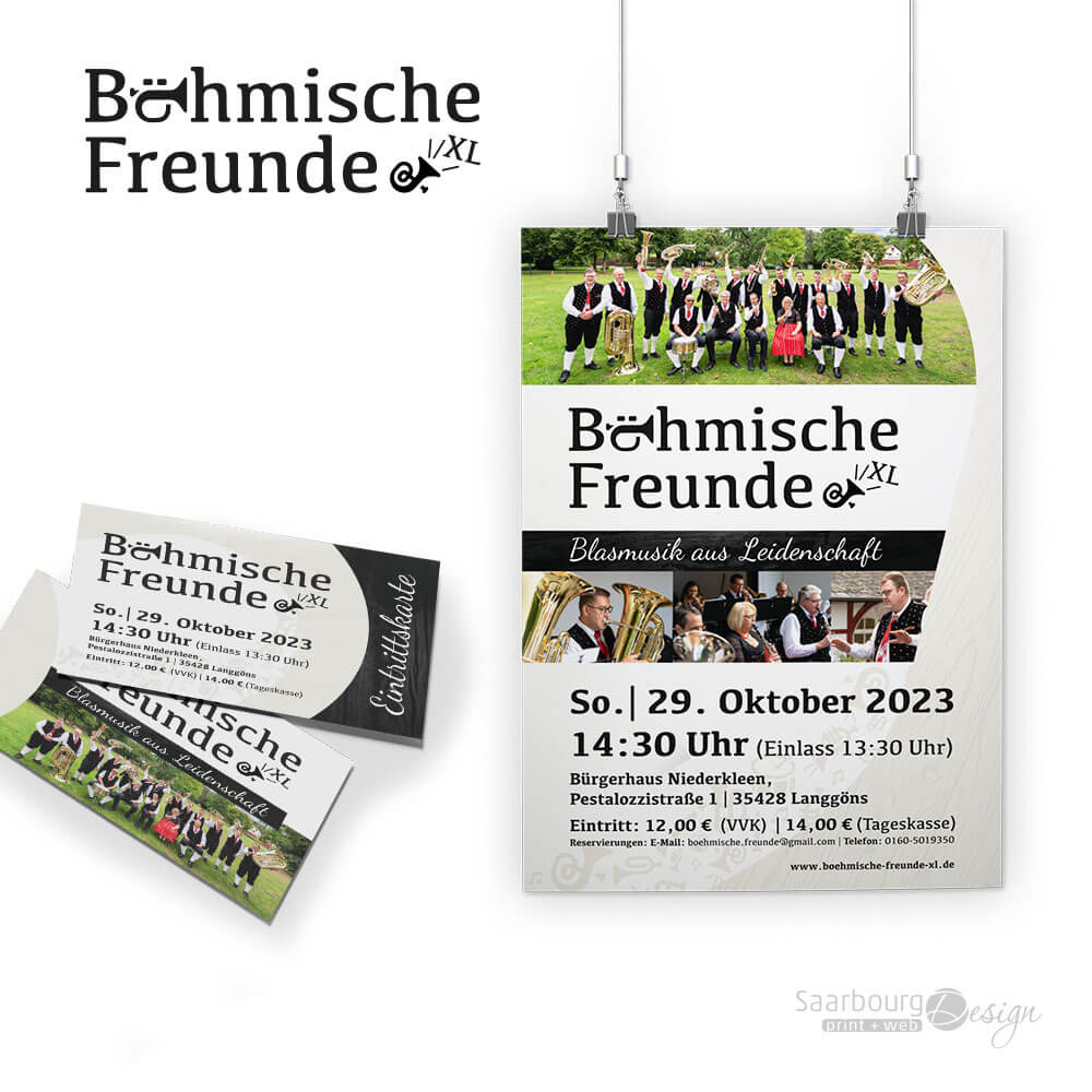 Darstellung von Veranstaltungsplakat und Eintrittskarten der Böhmischen Freunde XL