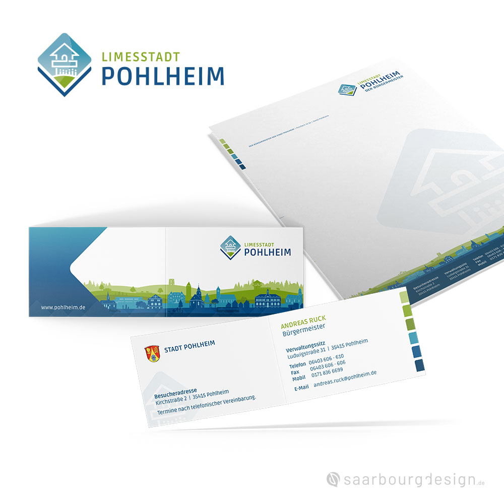 Geschäftsausstattung mit Briefpapier und Visitenkarten der Stadt Pohlheim