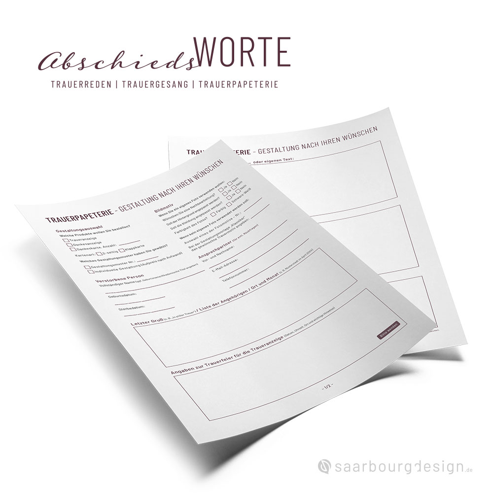 Bestellformular für Trauerpapeterie von Abschiedsworte Gießen zur individuellen Gestaltung