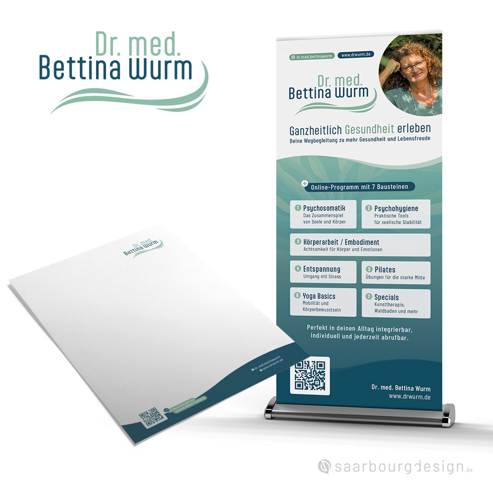 Roll-up und Briefbogen mit Logo und Gestaltungselementen von Dr. med. Bettina Wurm