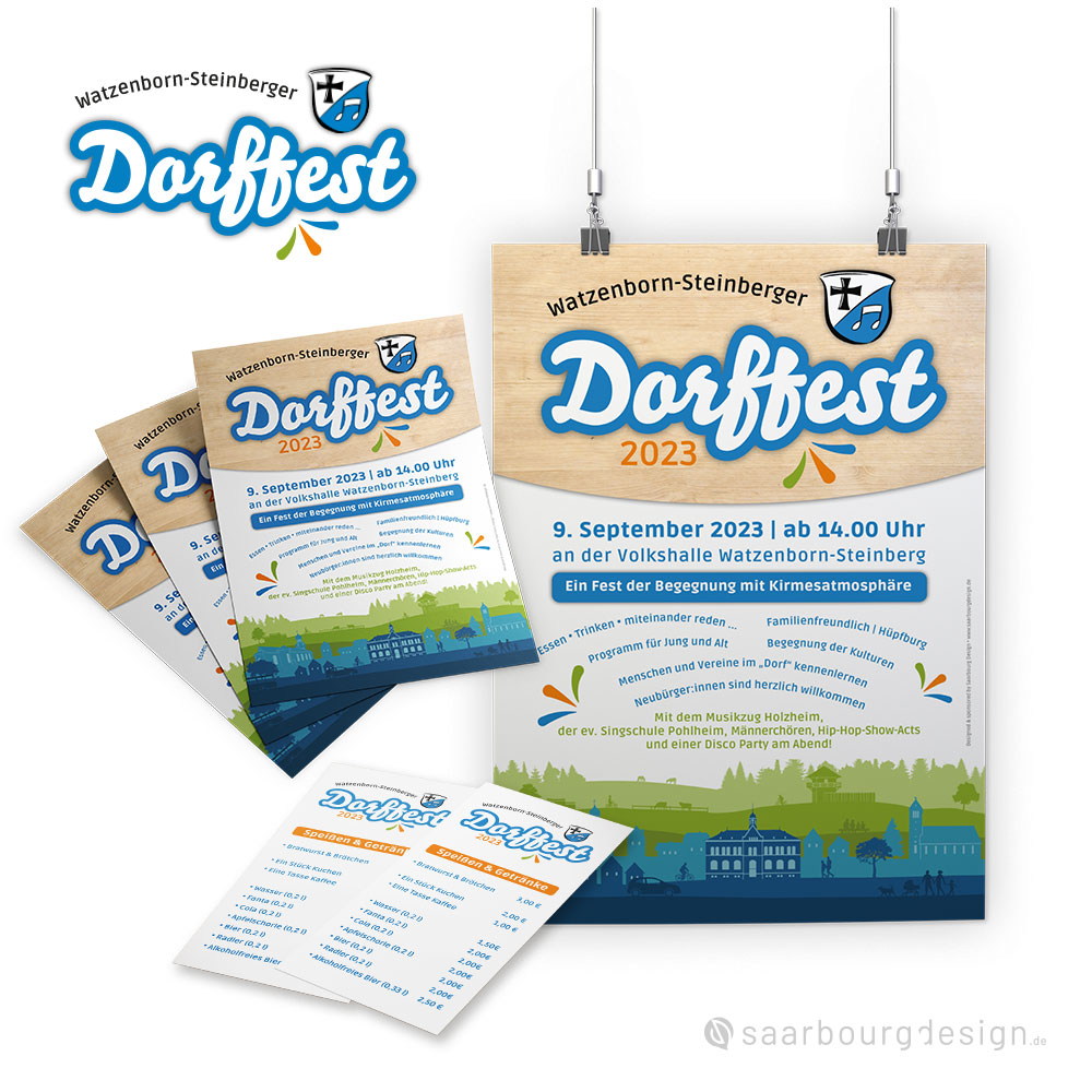 Visuelles Erscheinungsbild mit Plakaten und Infoflyern für das Watzenborn-Steinberger Dorffest