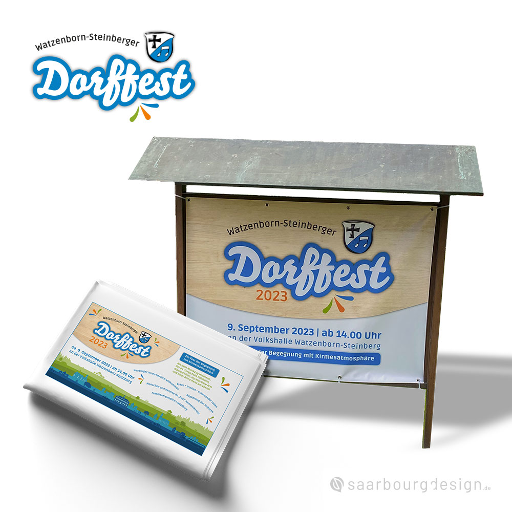 Watzenborn-Steinberger Dorffest-Werbemittel mit Ortseingangsschild und Zeitungsanzeige im einheitlichen Design