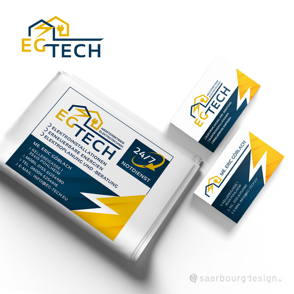 Visitenkarten-Design und Anzeige mit mit 24/7-Notdienst-Element für den Meisterbetrieb Elektrotechnik EG Tech