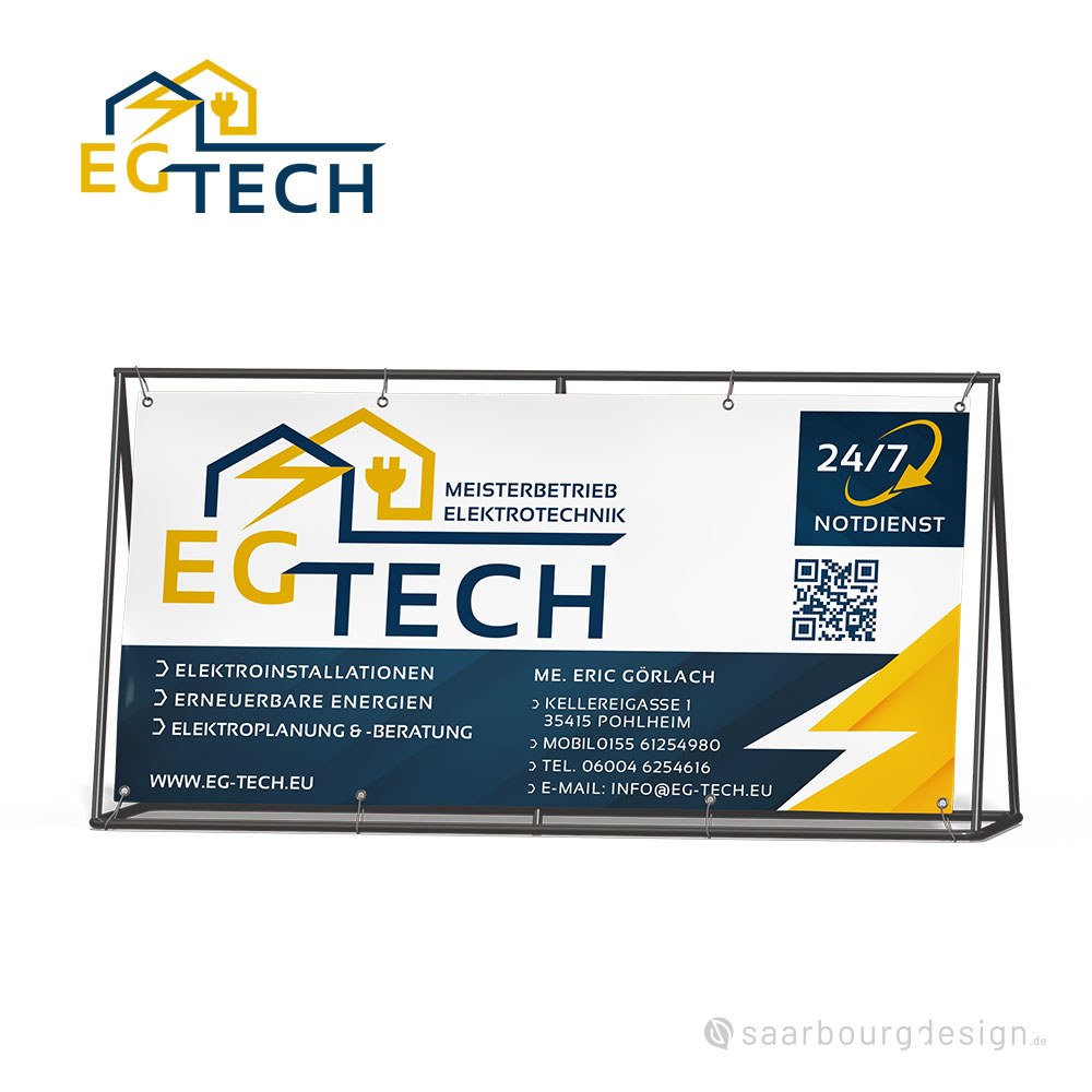 Bauzaunbanner vom Meisterbetrieb Elektrotechnik EG Tech mit Logo, Leistungen und Kontaktdaten