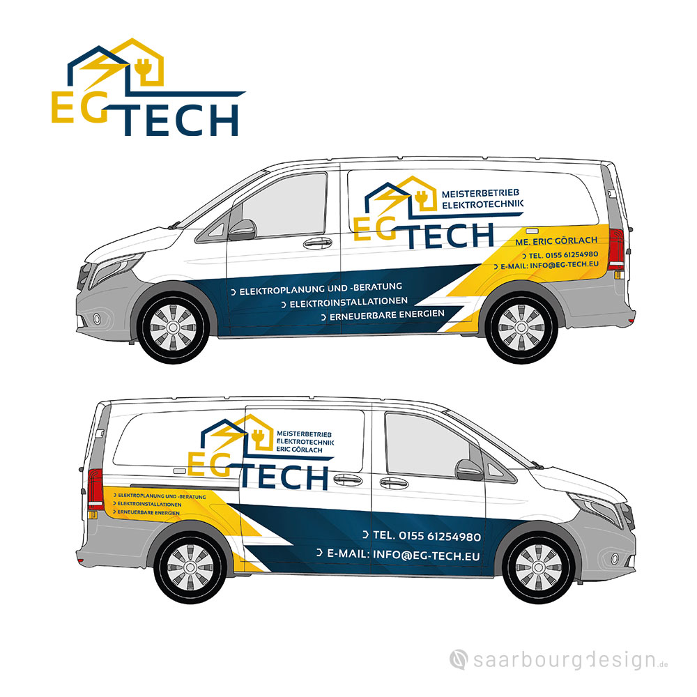 Fahrzeugbeschriftung für Meisterbetrieb Elektrotechnik EG Tech auf weißem Transporter