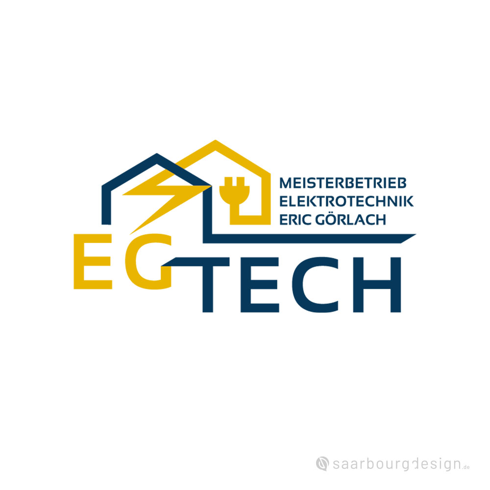 Logo für Meisterbetrieb Elektrotechnik EG Tech mit Blitz, Hausumriss und Stecker