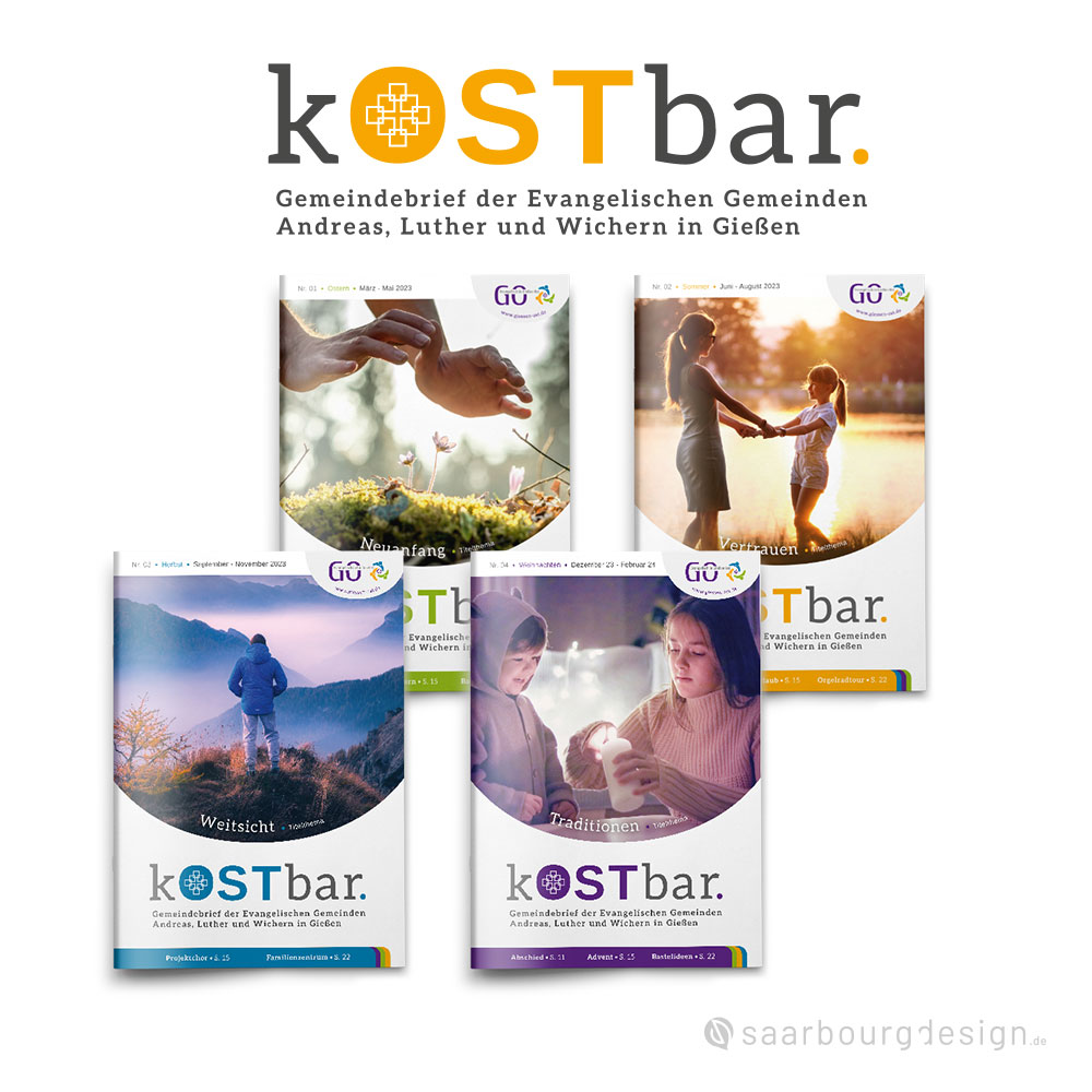 Vier farblich unterschiedliche Titelseiten des ev. Gemeindebrief Gießen Ost