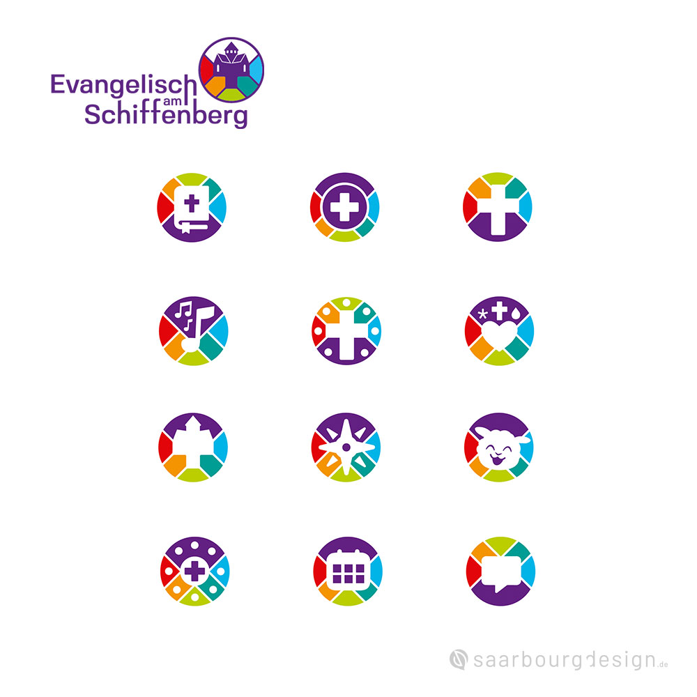 Übersicht der farbigen Themen-Icons für Evangelisch am Schiffenberg