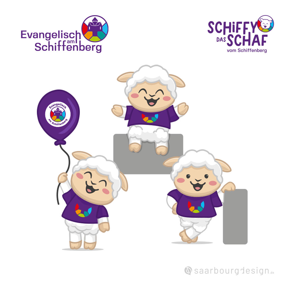 Maskottchen „Schiffi das Schaf“ mit verschiedenen Posen und Accessoires