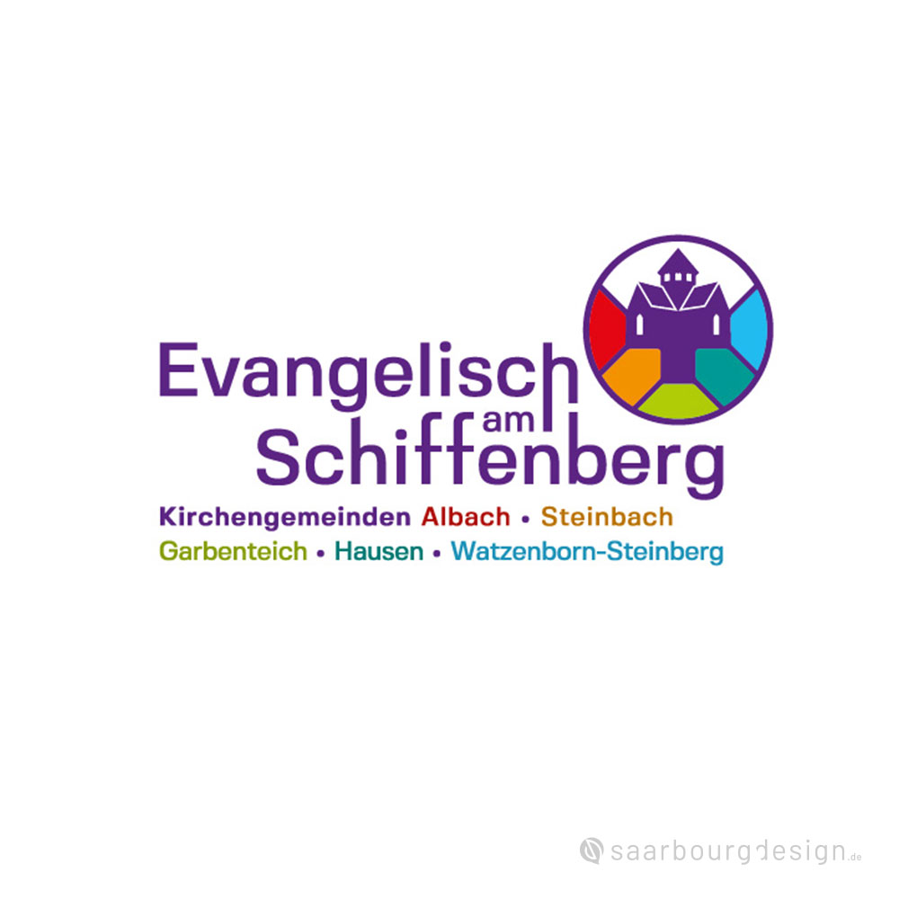 Logo Evangelisch am Schiffenberg mit Basilika-Symbol und fünffarbigem Ring