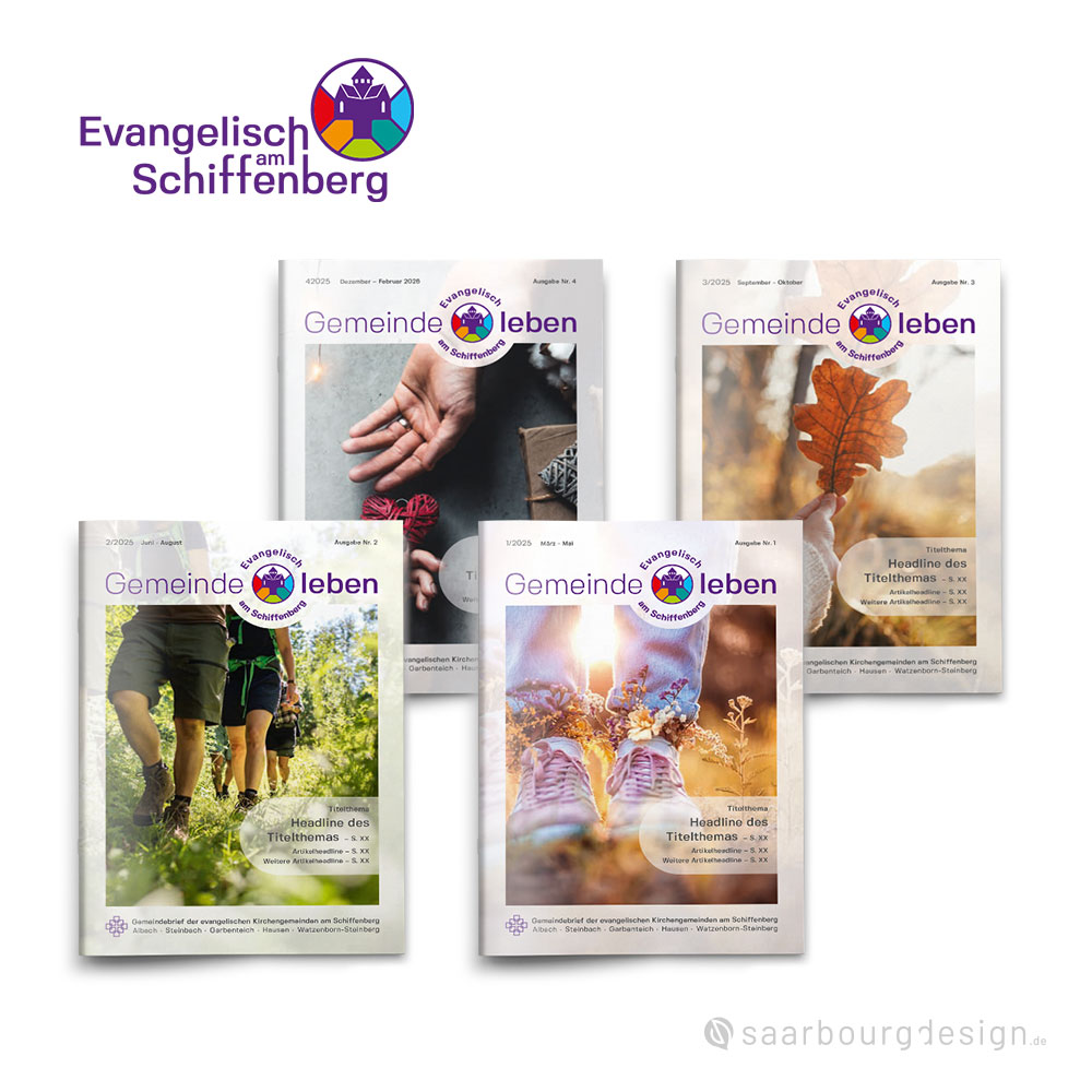 Vier Titelseiten des Gemeindebriefs „Gemeinde leben“ mit wechselnden Leitmotiven