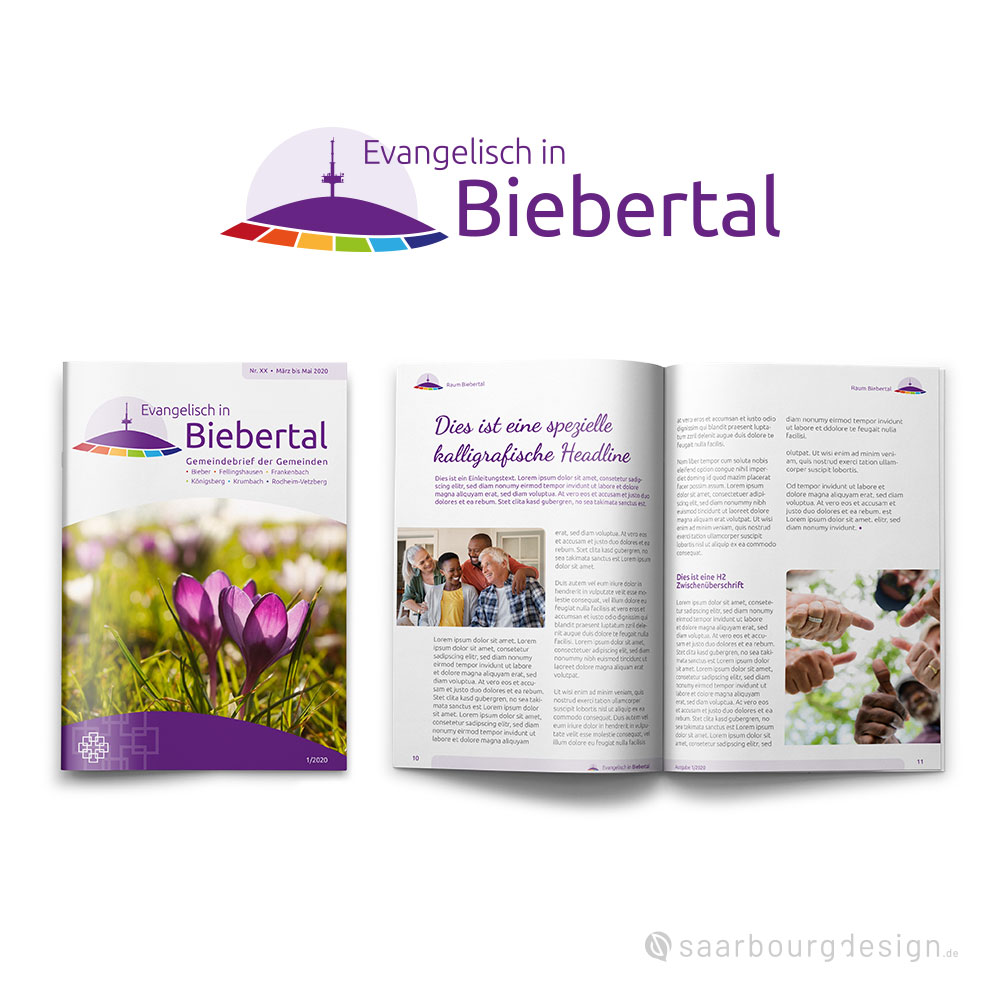 Gemeindebrief Evangelisch in Biebertal mit Frühlingsmotiv und Layoutansicht innen