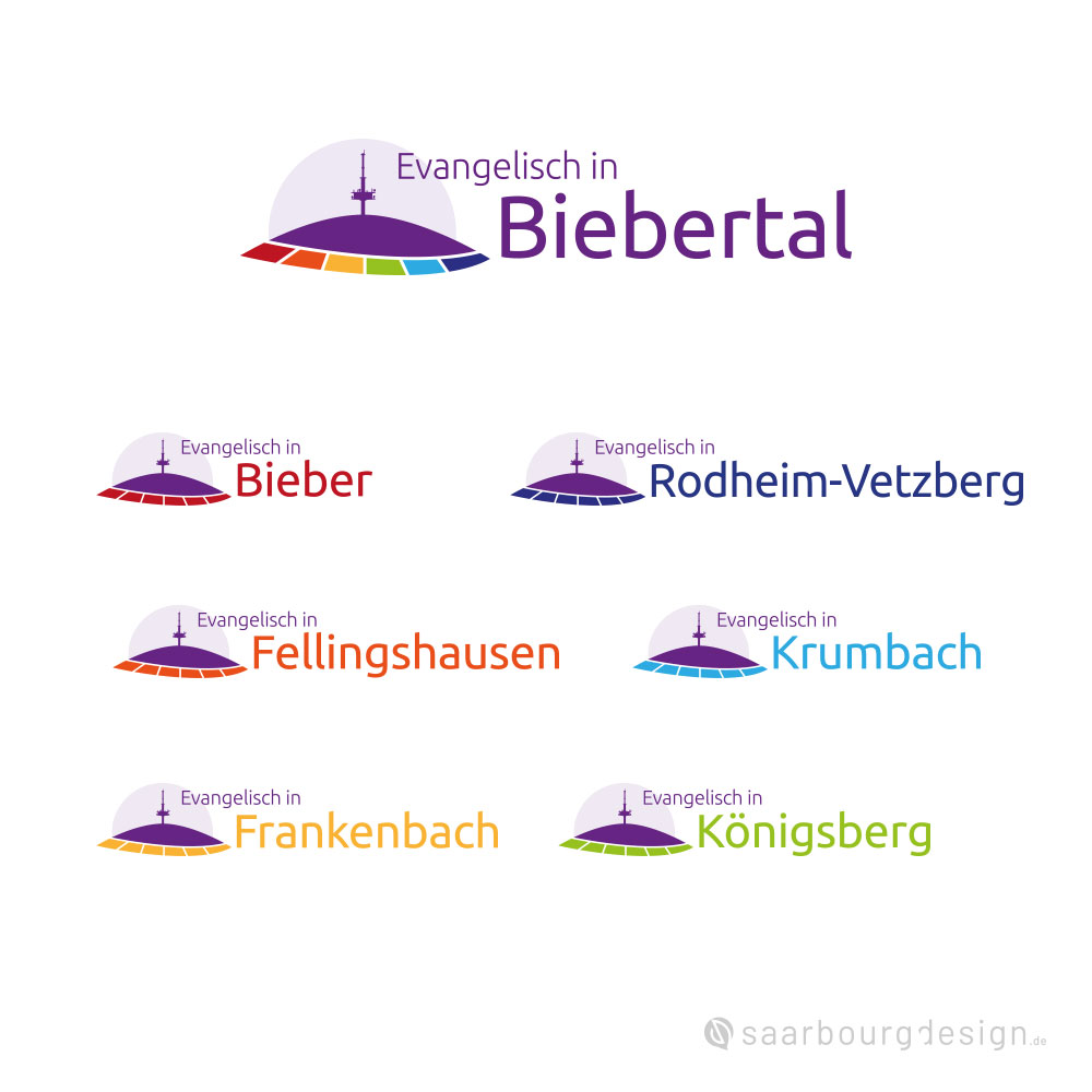 Logos Evangelisch in Biebertal mit sechs Ortsvarianten in unterschiedlichen Farben