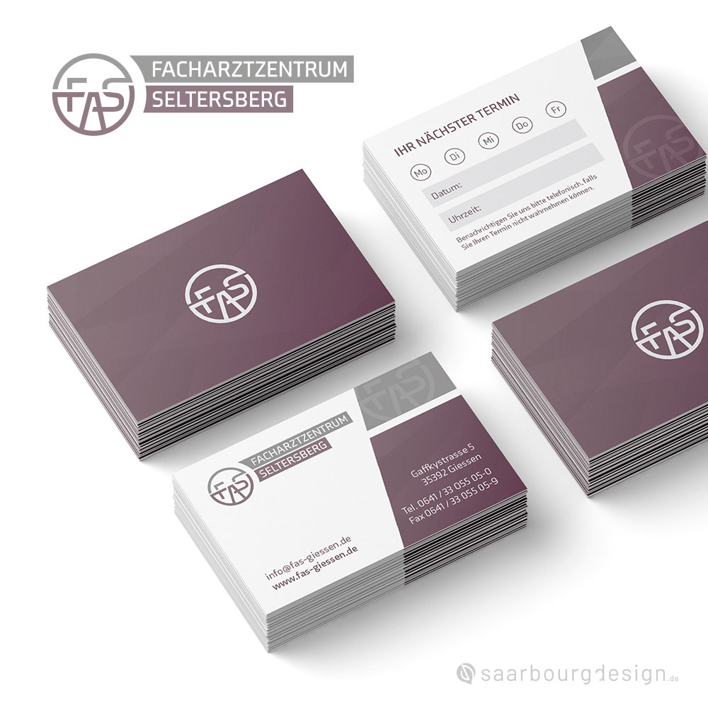 Terminkarten und Visitenkarten des Facharztzentrum Seltersberg Gießen mit Logo und Praxisdaten