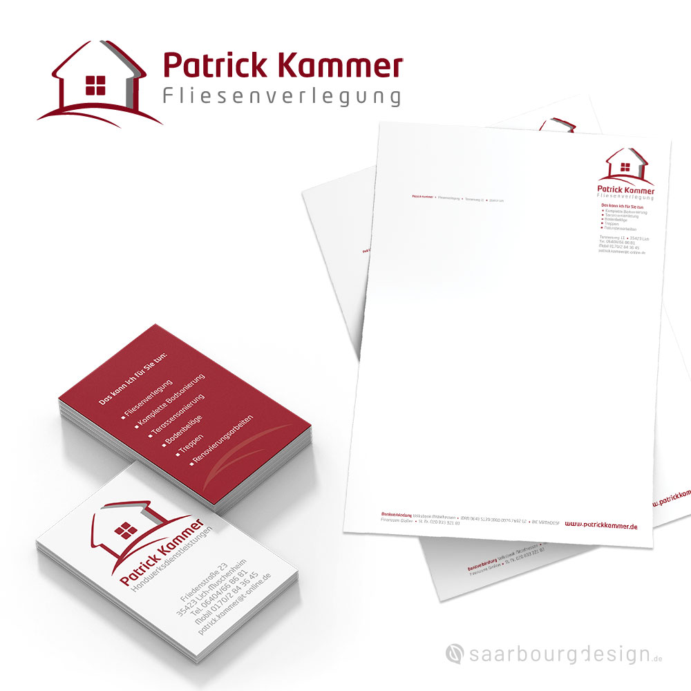 Visitenkarten und Briefpapier für Patrick Kammer Fliesenverlegung in Rot und Weiß