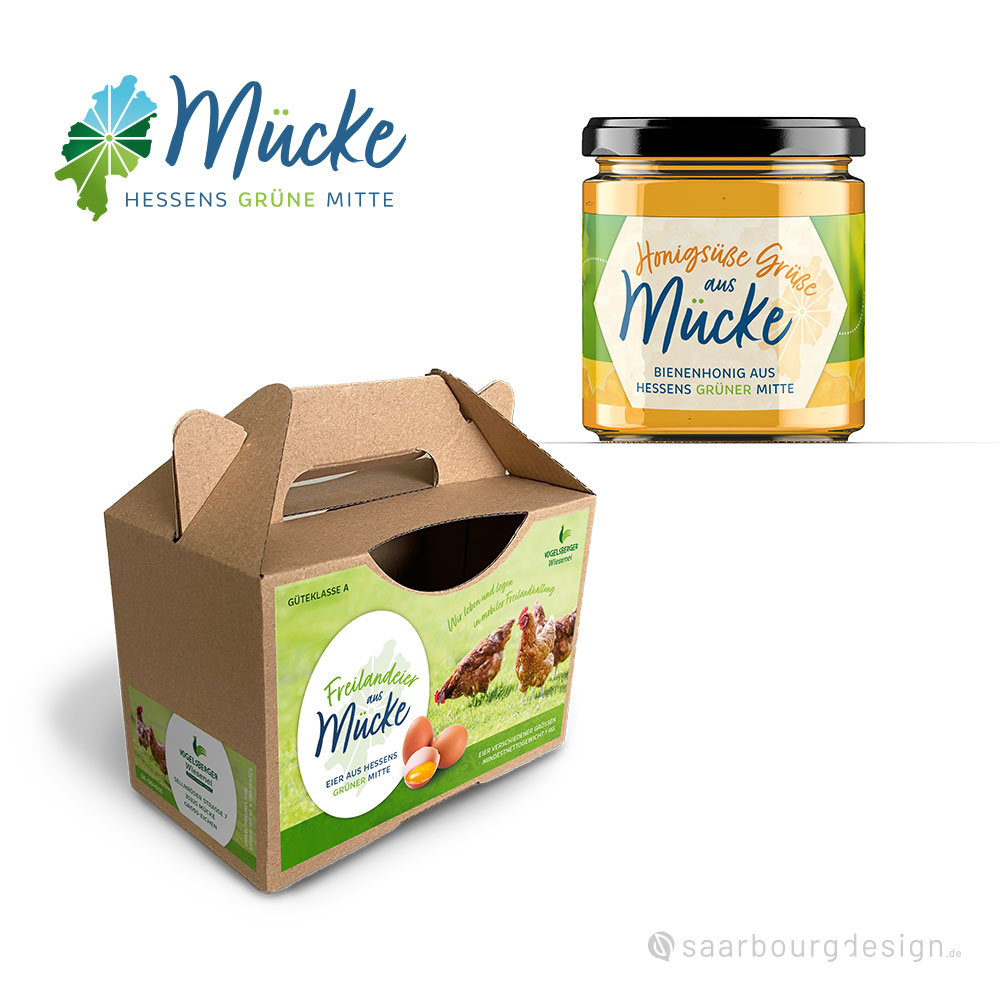 Verpackungsdesign für regionale Produkte aus der Gemeinde Mücke, Eierkarton und Honigglas mit Gemeindelogo