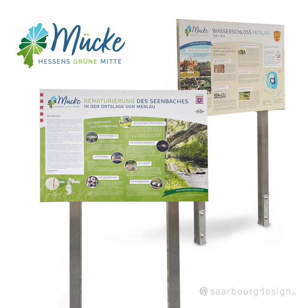 Infotafeln zur Renaturierung und zum historischen Wasserschloss Merlau