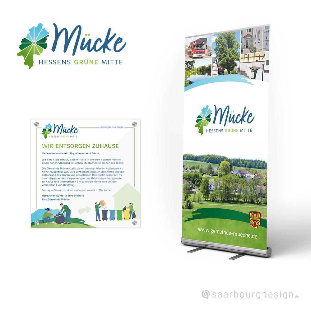 Roll-up mit Fotocollage und Hinweisschild zur Müllentsorgung in Mücke