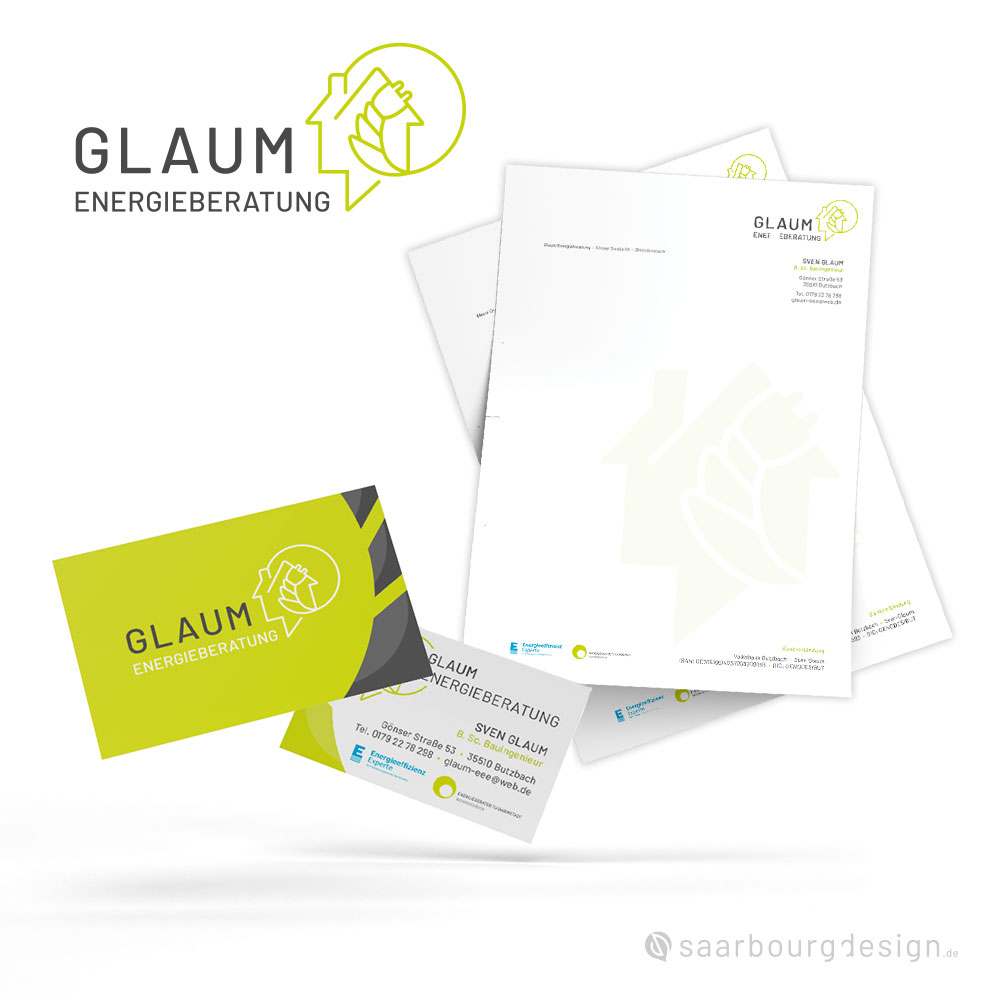 Visitenkarten und Briefpapier der Glaum Energieberatung im modernen Corporate Design