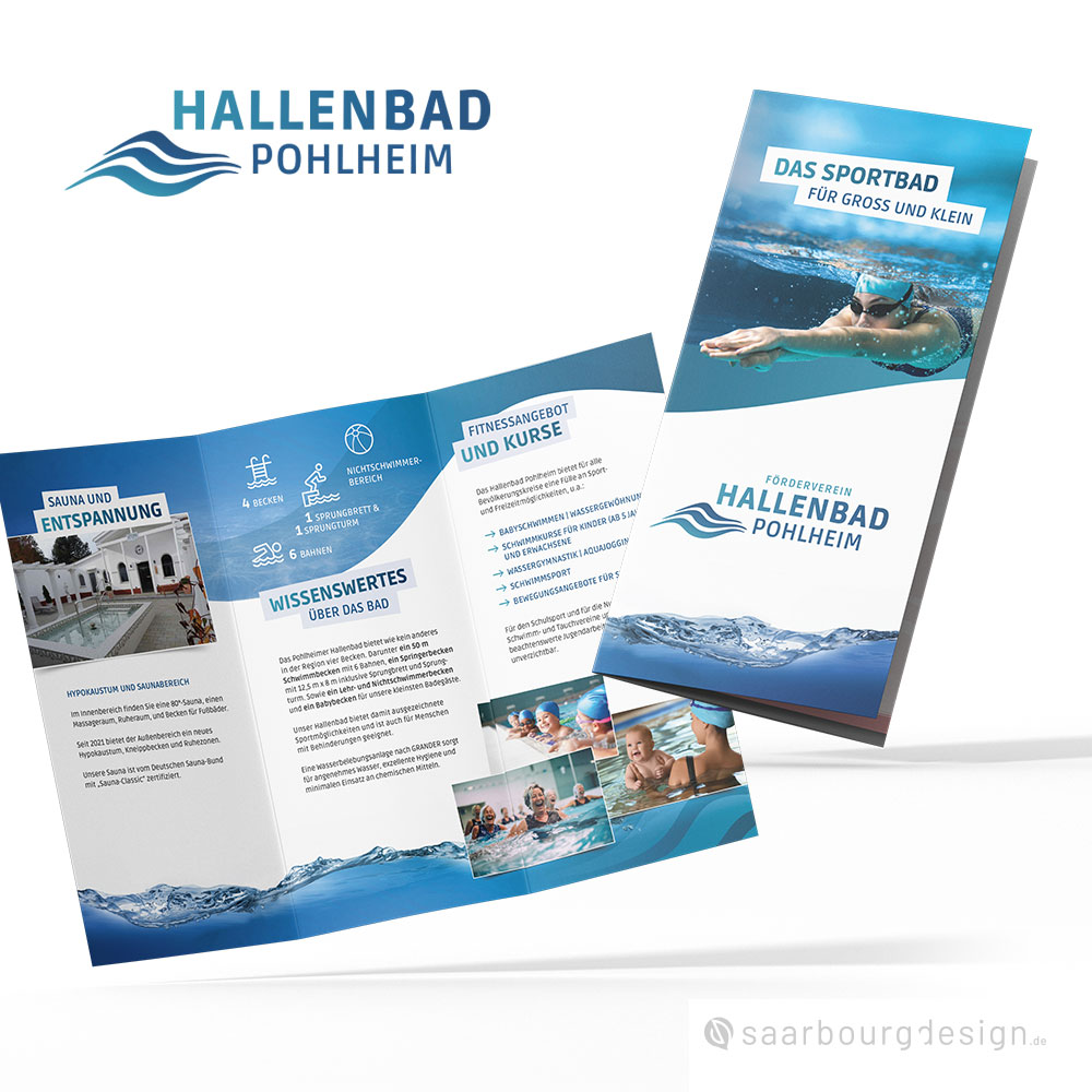 Faltflyer für das Hallenbad Pohlheim mit Infos zu Kursen, Sauna und Schwimmbad