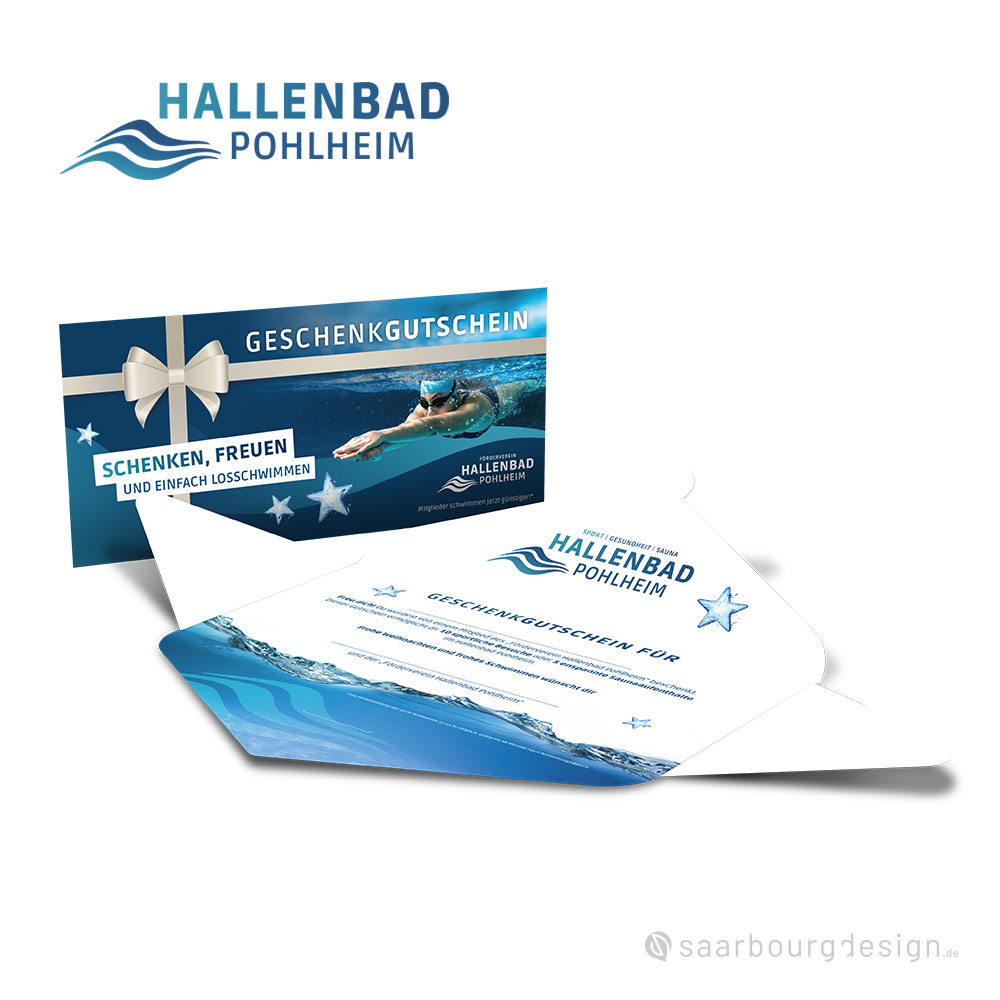 Geschenkgutschein für das Hallenbad Pohlheim mit Umschlag und Wasserdesign