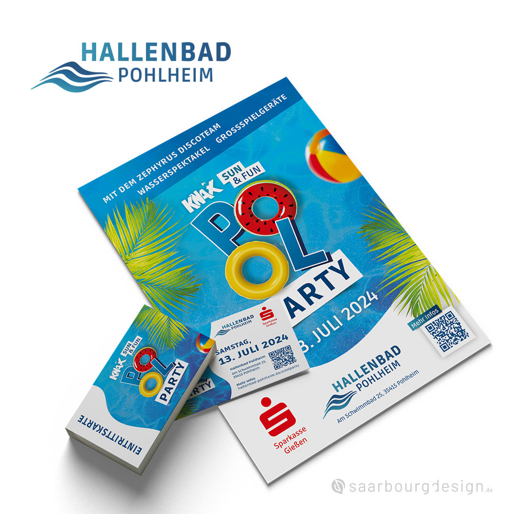 Bunt gestalteter Flyer für die Poolparty im Hallenbad Pohlheim