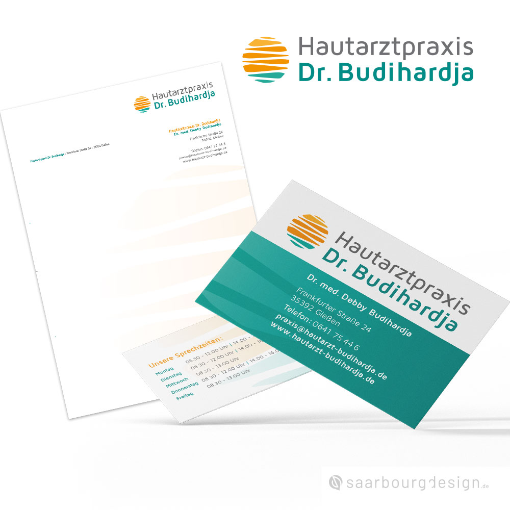 Briefbogen und Visitenkarte im einheitlichen Design mit Logo der Hautarztpraxis Dr. Budihardja
