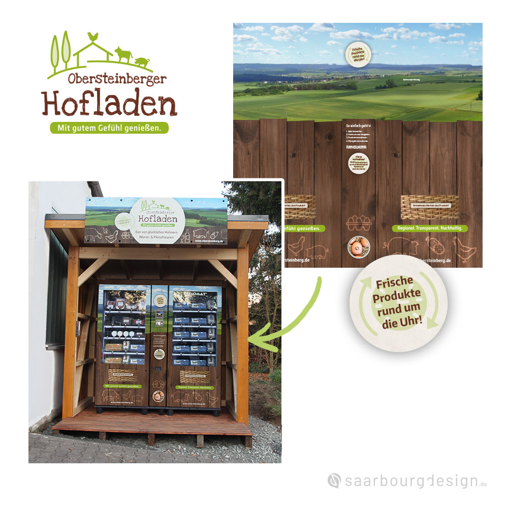 Automaten-Beklebung mit Logo und Produktfotos des Obersteinberger Hofladens