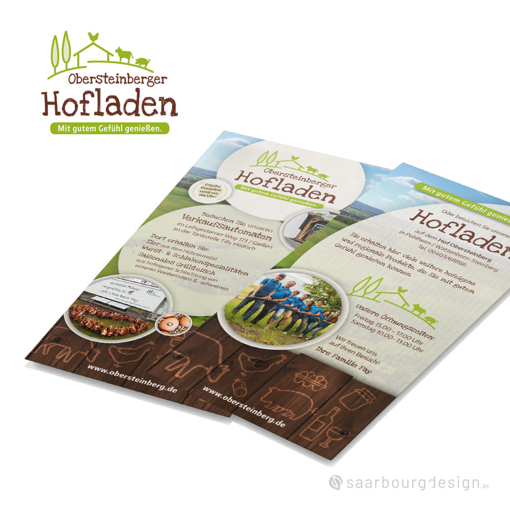 Zweiseitiger Flyer mit Infos und Bildern zum Obersteinberger Hofladen