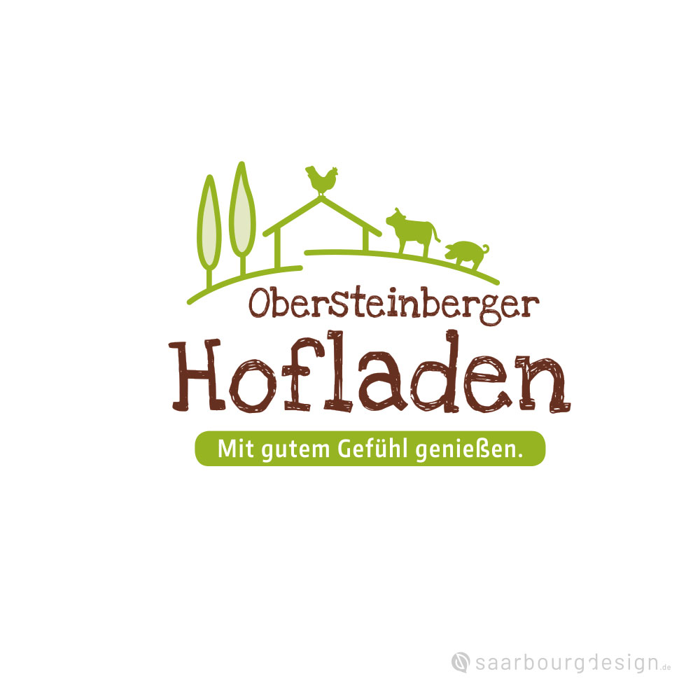 Logo mit Bauernhaus, Sonne und Weide für den Obersteinberger Hofladen