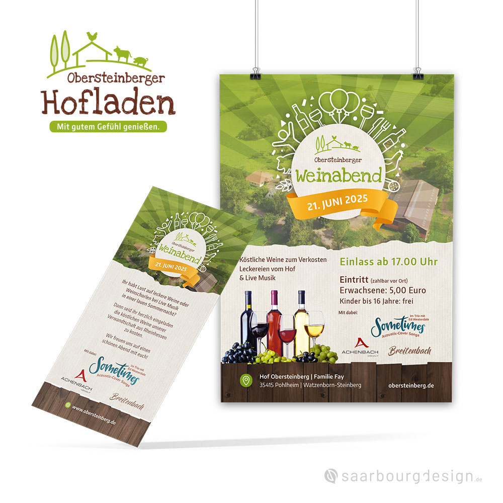 Plakatmotiv für das Weinabend beim Obersteinberger Hofladen