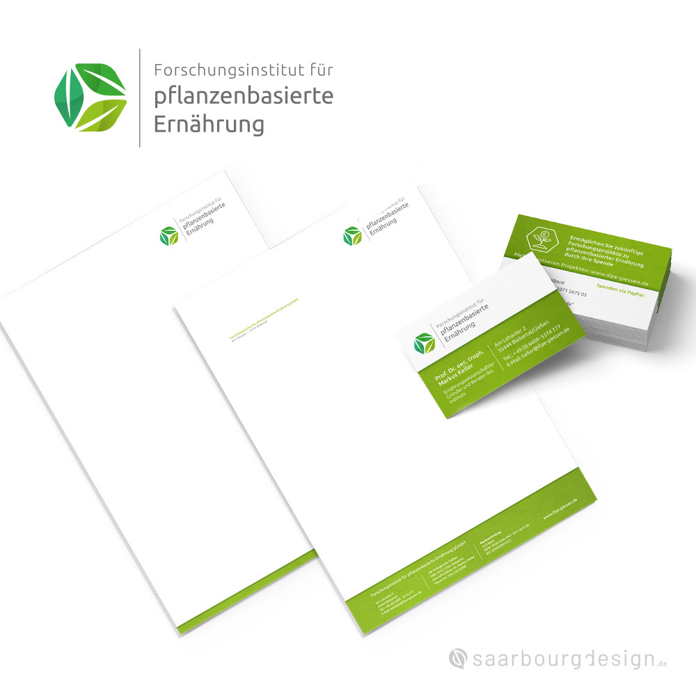 Geschäftsausstattung für das Forschungsinstitut für Pflanzenbasierte Ernährung mit Visitenkarten und Briefpapier im frischen Design