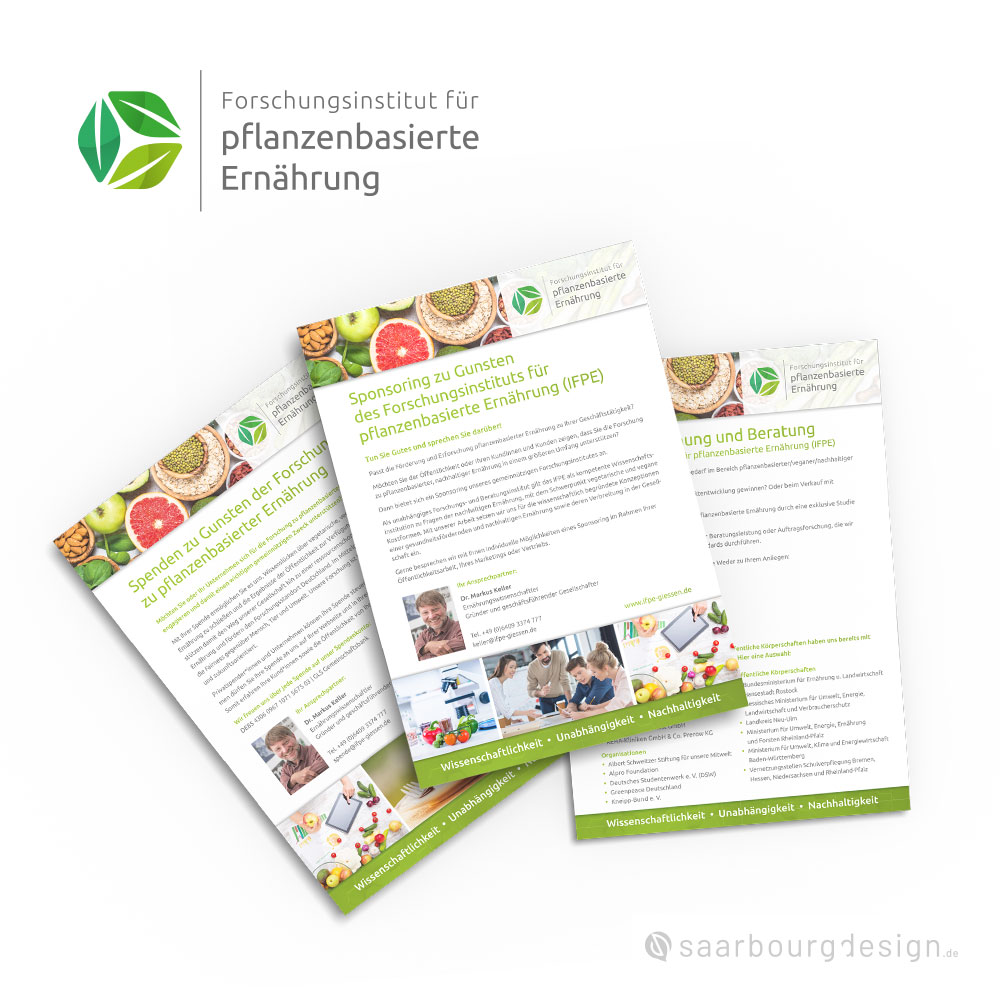 Informationsflyer des IFPE mit Fotos, Icons und wissenschaftlichen Inhalten