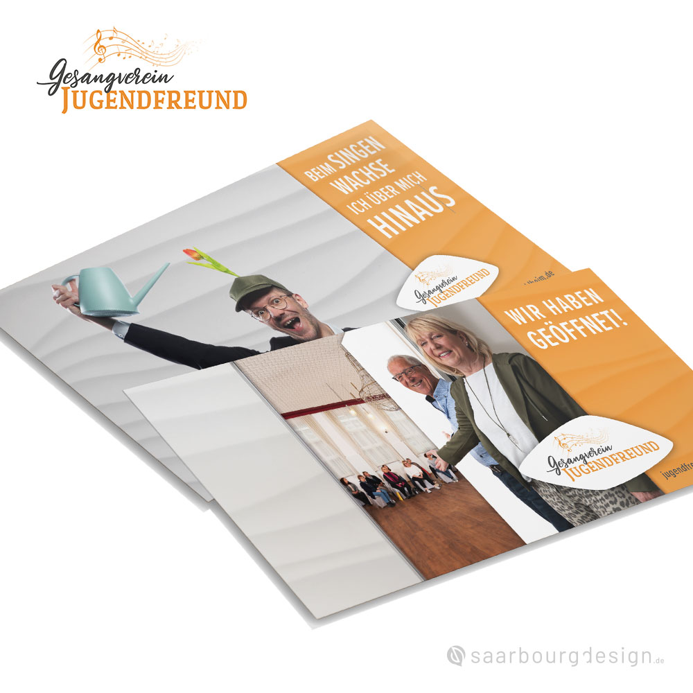 Werbepostkarten des Gesangvereins Jugendfreund mit humorvollen Chor-Motiven