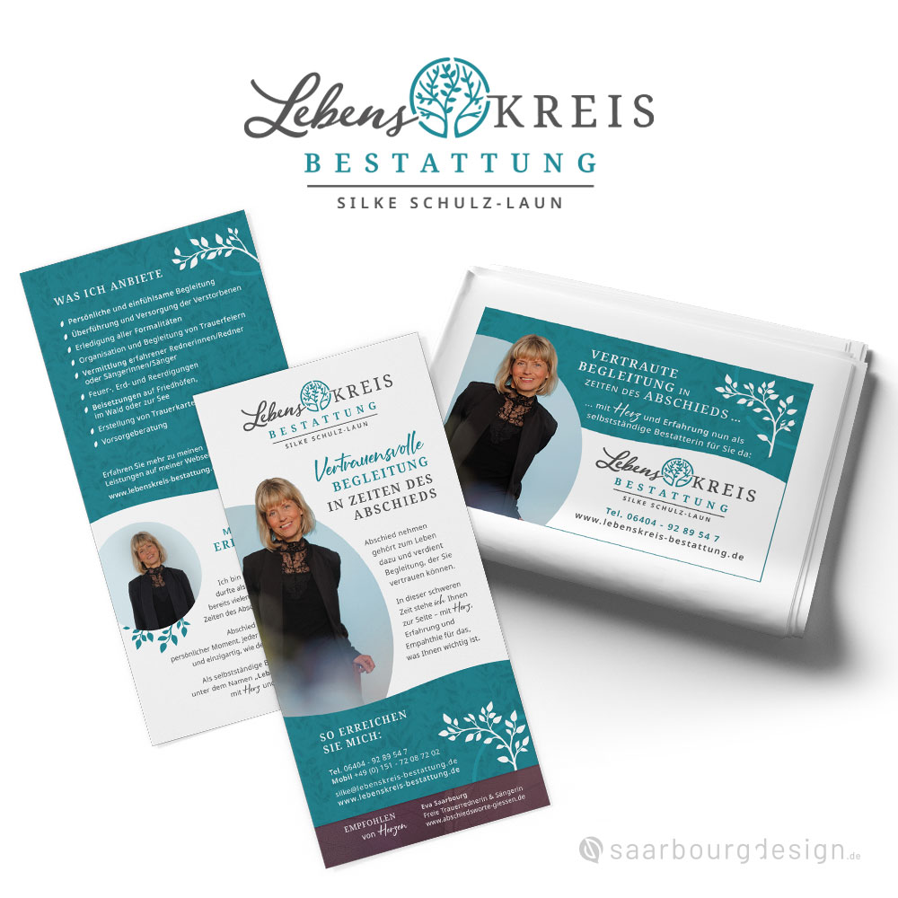 Flyer und Anzeige für Lebenskreis Bestattung mit einfühlsamem Design in Türkis