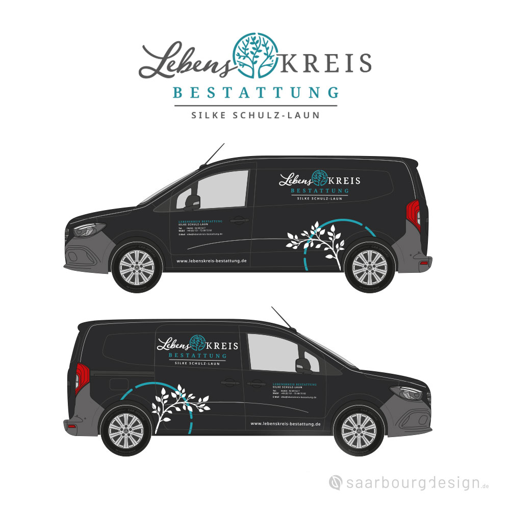 Fahrzeugbeschriftung mit Logo und Designelementen von Lebenskreis Bestattung