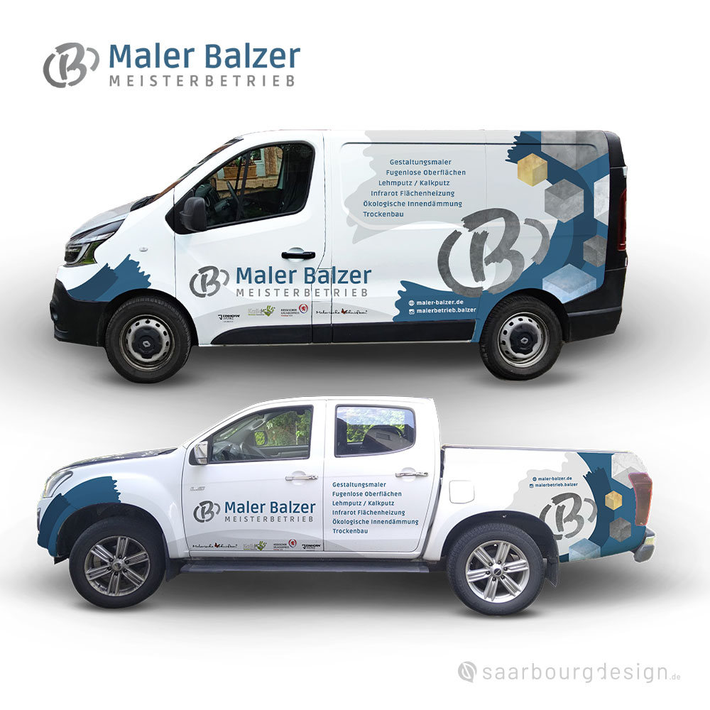 Fahrzeugbeschriftung für Maler Balzer Meisterbetrieb mit Logo und Leistungen