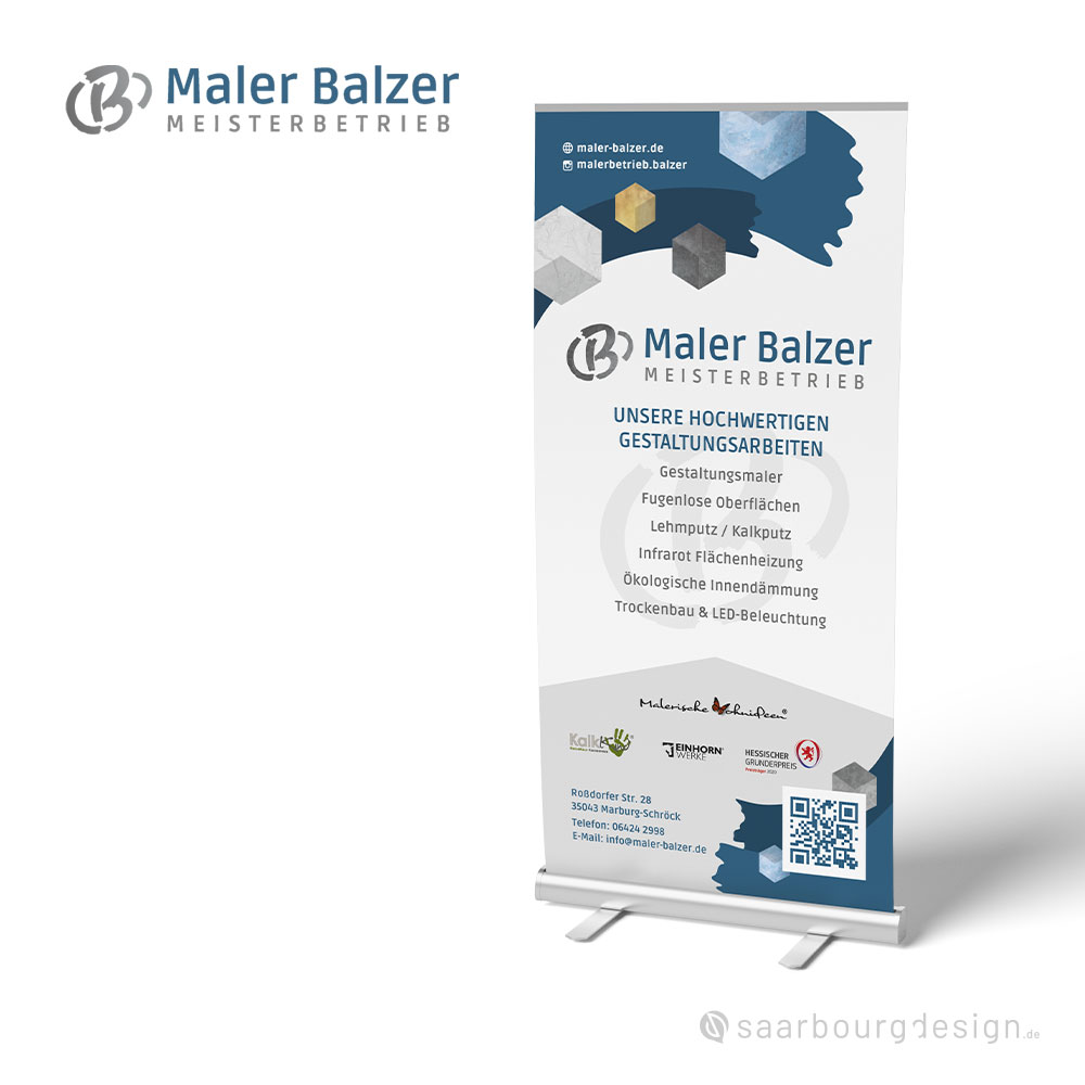 Gestaltetes Roll-up mit Leistungen und Logo von Maler Balzer