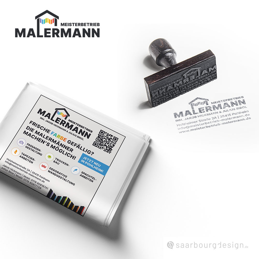 Stempel und Anzeige von Meisterbetrieb Malermann mit Logo, QR-Code und Kontaktdaten
