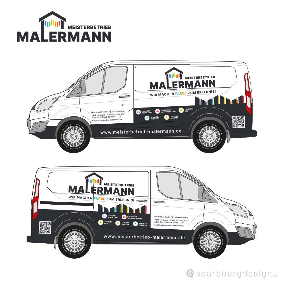 Fahrzeugbeschriftung für Meisterbetrieb Malermann auf weißem Transporter