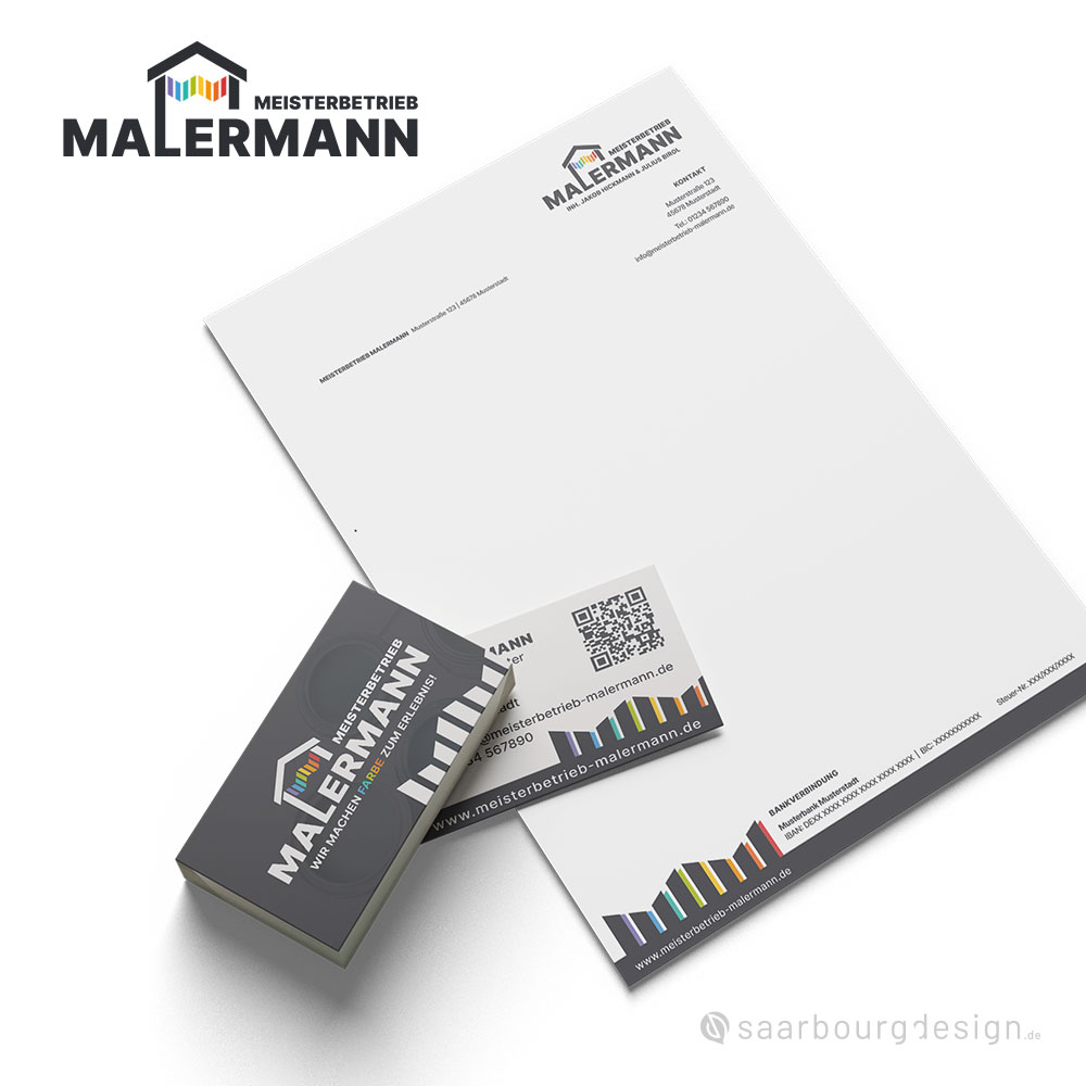 Briefpapier und Visitenkarten mit Malermann-Logo und Farbstreifen