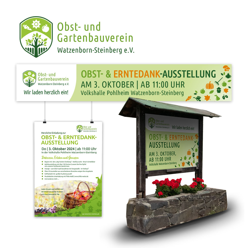 Plakate und Banner zur Erntedank-Ausstellung des OGV Watzenborn-Steinberg