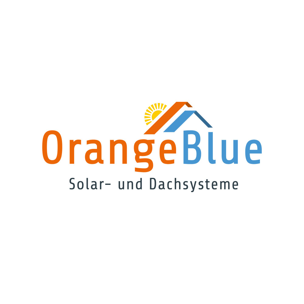 Logo für OrangeBlue mit Sonne, Dachform und Firmennamen