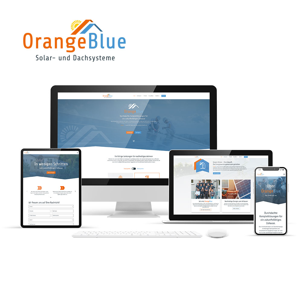 Responsive Website für OrangeBlue auf Desktop, Tablet und Smartphone