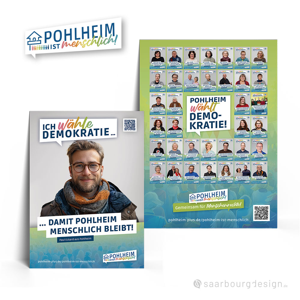 Plakat mit Foto eines Manns und Übersicht aller Porträts für „Pohlheim ist menschlich!“