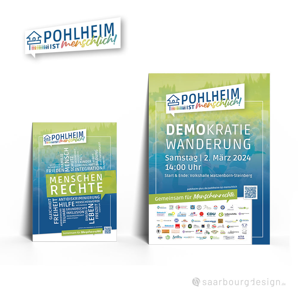 Plakate von „Pohlheim ist menschlich!“ zu Menschenrechten und zur Demokratie-Wanderung am 2. März 2024