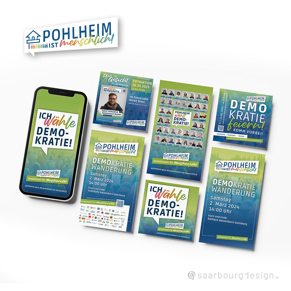 Übersicht mit Social Media Posts und Aktionsplakaten von „Pohlheim ist menschlich!“