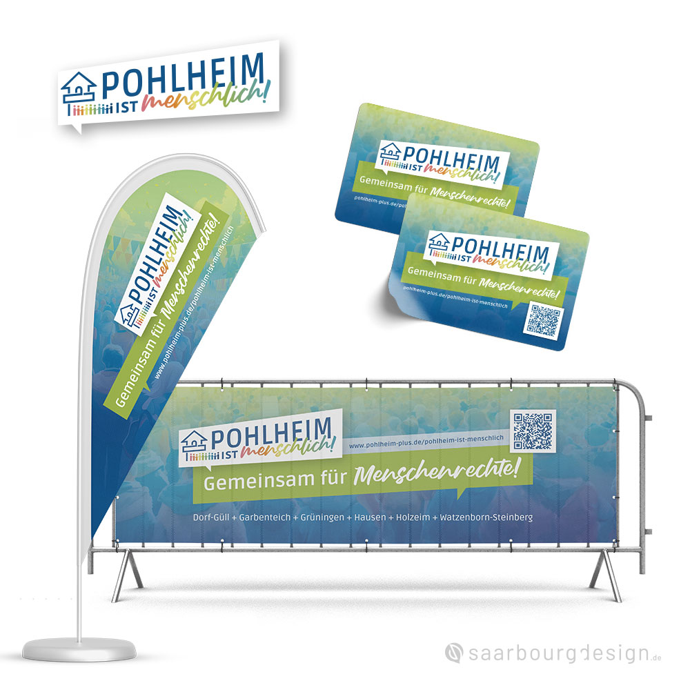 Werbemittel von „Pohlheim ist menschlich!“ mit Logo, Slogan und Website